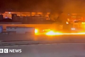 Fuel truck leaves trail of fire on road in Syria