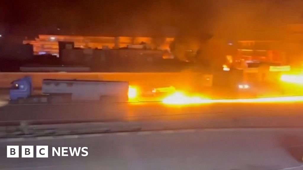 Fuel truck leaves trail of fire on road in Syria